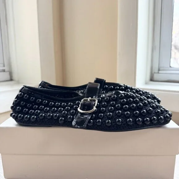 New Jeffrey Campbell Trennel Mary Jane Beaded Ballet Flats Black 8 - Picture 9 of 10